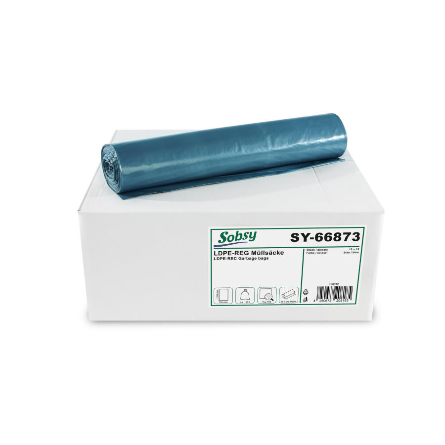 Sobsy LDPE-Reg. Müllsäcke, blau, gerollt, 120l  Typ 100  | Karton a 150 Stück 