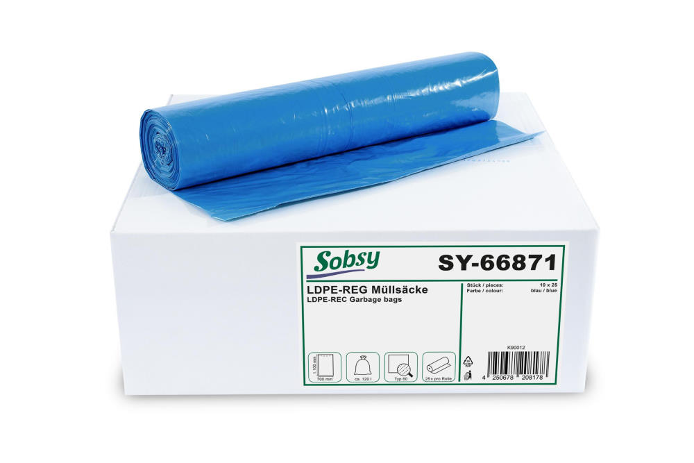 Sobsy LDPE-Reg. Müllsäcke, blau, gerollt, 120l Typ 60 | Karton a 250 Stück 
