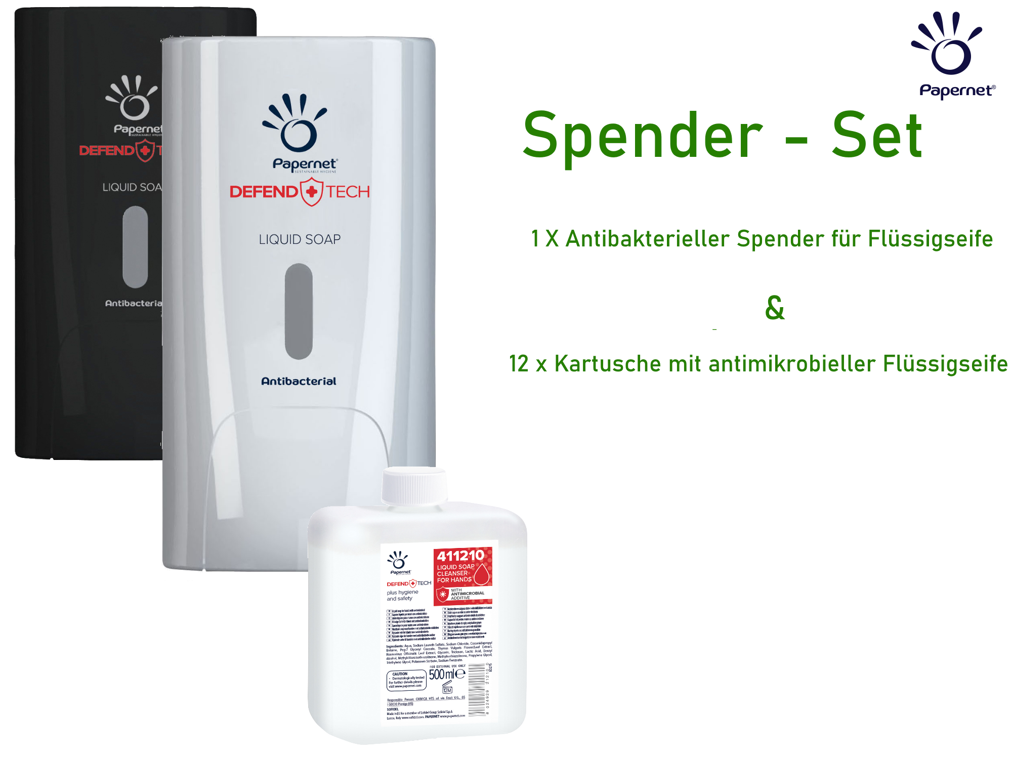 Spender SET: Papernet Antibakterieller Seifenspender weiß & Flüssigseife 