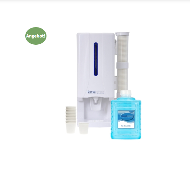 Mundspülspender Dentalrefresh Starterset weiß | 1 Spender+6 Flaschen+720 Becher