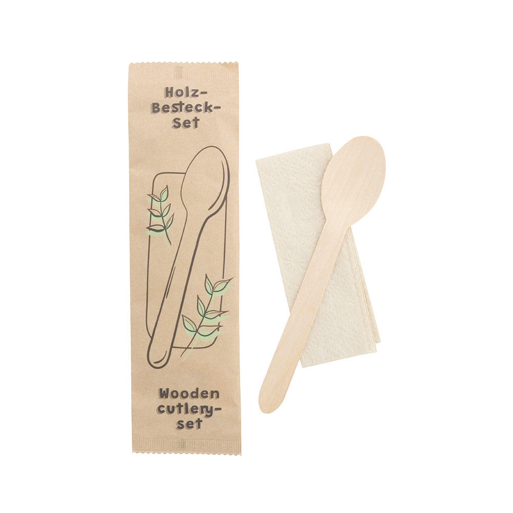 Holz-Besteck-Sets Löffel & Serviette, 16 cm, biobeschichtet | VE 500 Stück