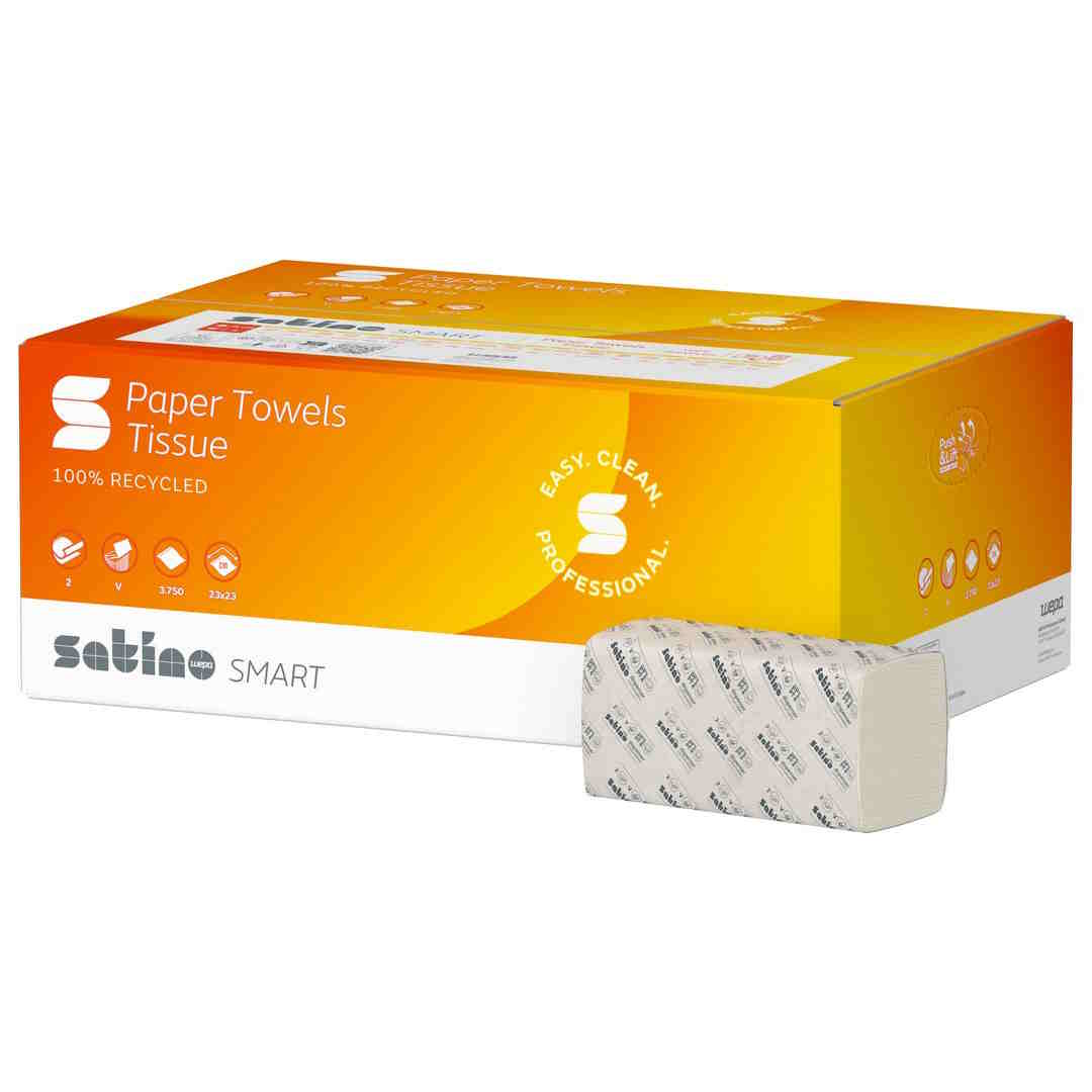 Satino Papierhandtücher Recycling Tissue, V-Falz, 23x23, 2-lagig| Karton = 15 Pack x 250 Tücher = 3750 Tücher Satino Papierhandtücher Recycling Tissue, V-Falz, 23x23, 2-lagig| Karton = 15 Pack x 250 Tücher = 3750 Tücher