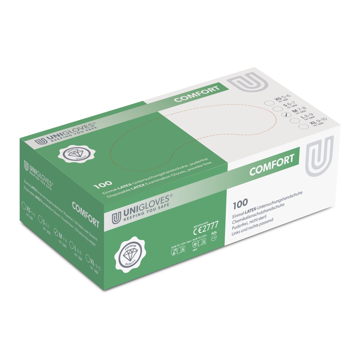 Unigloves COMFORT® aus Latex gefertigter Hygiene- und Schutzhandschuh M (7,0-8,0) | VE= 10 x 100 