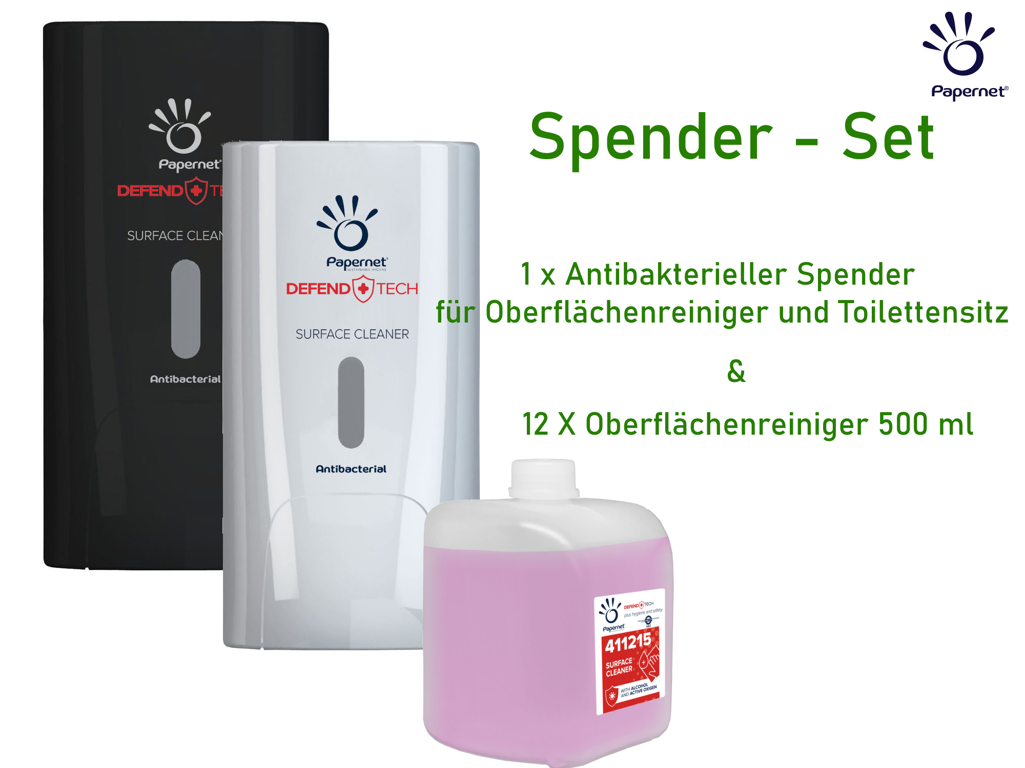 Spender SET: Papernet Spender für Toilettensitzreiniger in schwarz & Oberflächenreiniger