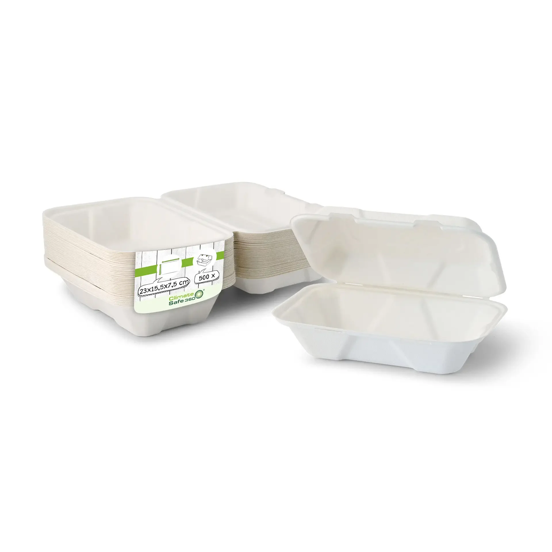 Take-away Boxen aus Zuckerrohr 23 x 15,5 x 7,5 cm, rechteckig  | VE 500 Stück