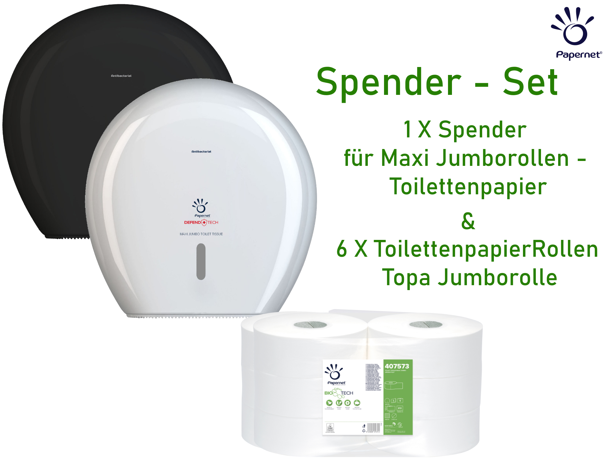 Spender SET: Papernet Toilettenpapier Spender für Maxi Jumborollen - weiß & Toilettenpapier