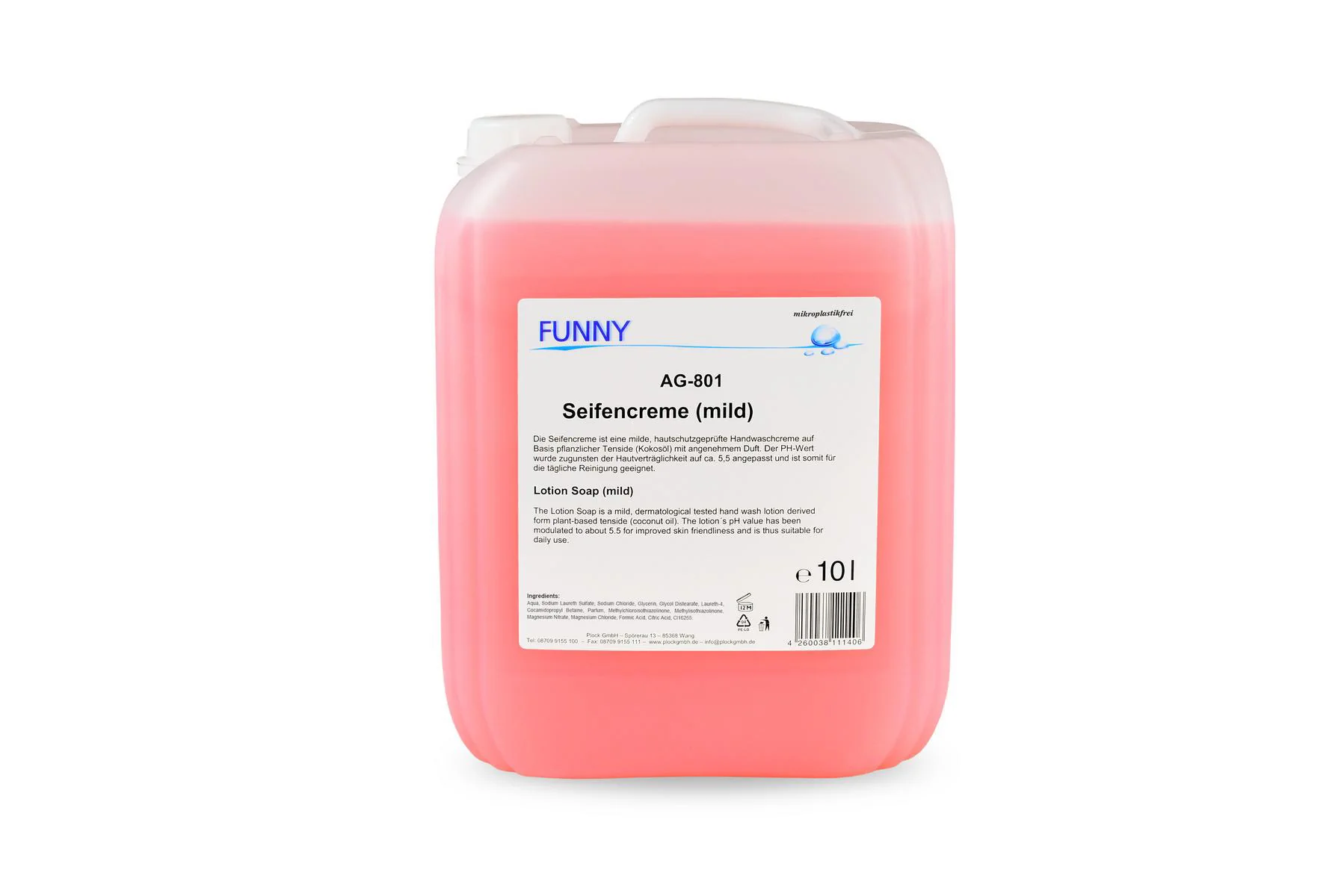 Seifencreme, rosa, 10 Liter, ph-hautneutral, mikroplastikfrei |  Kanister 10  Liter