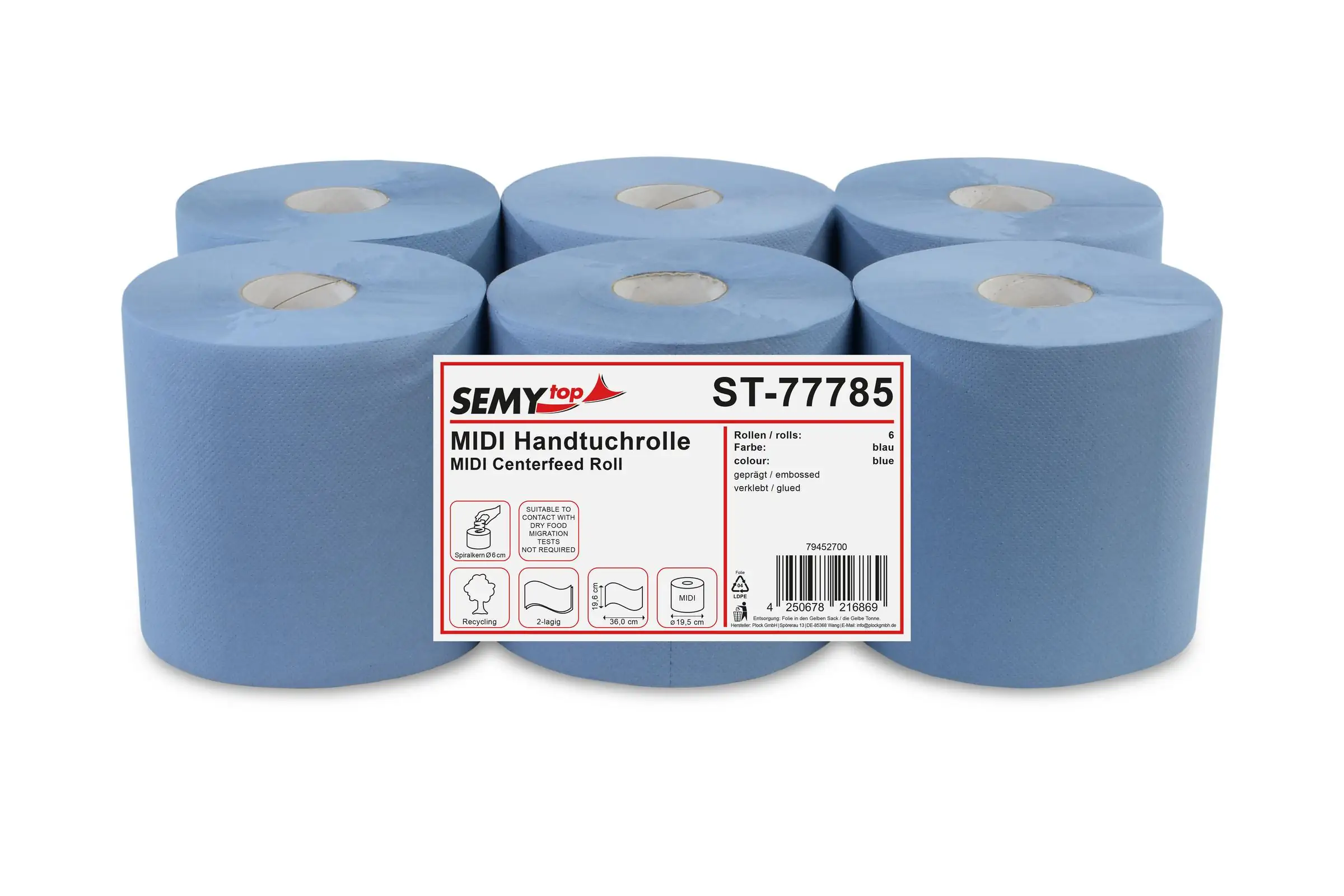 Blaue Handtuchrolle, 2-lagig,  Innenzug- oder Außenabwicklungsrolle