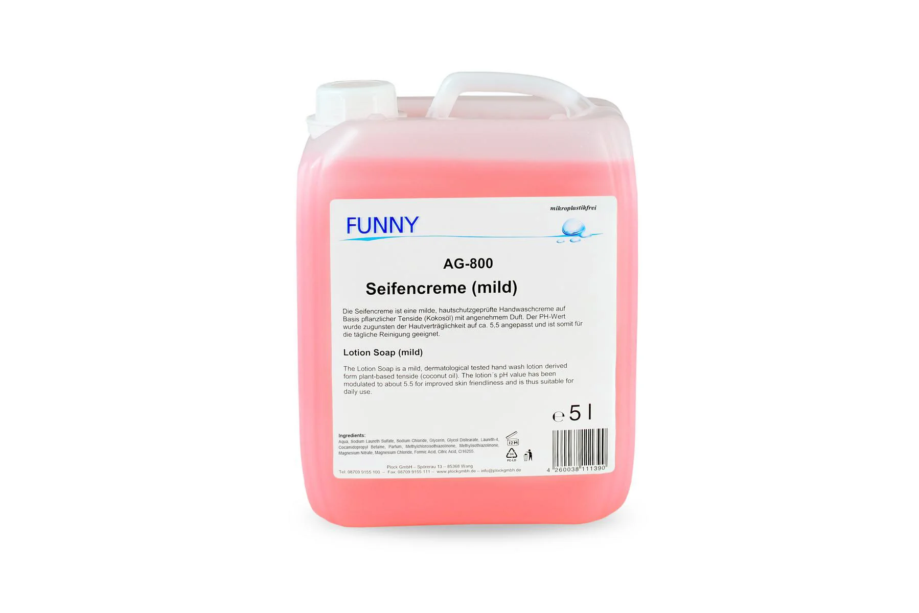 Seifencreme, rosa, 5 Liter, ph-hautneutral, mikroplastikfrei |  Kanister 5 Liter