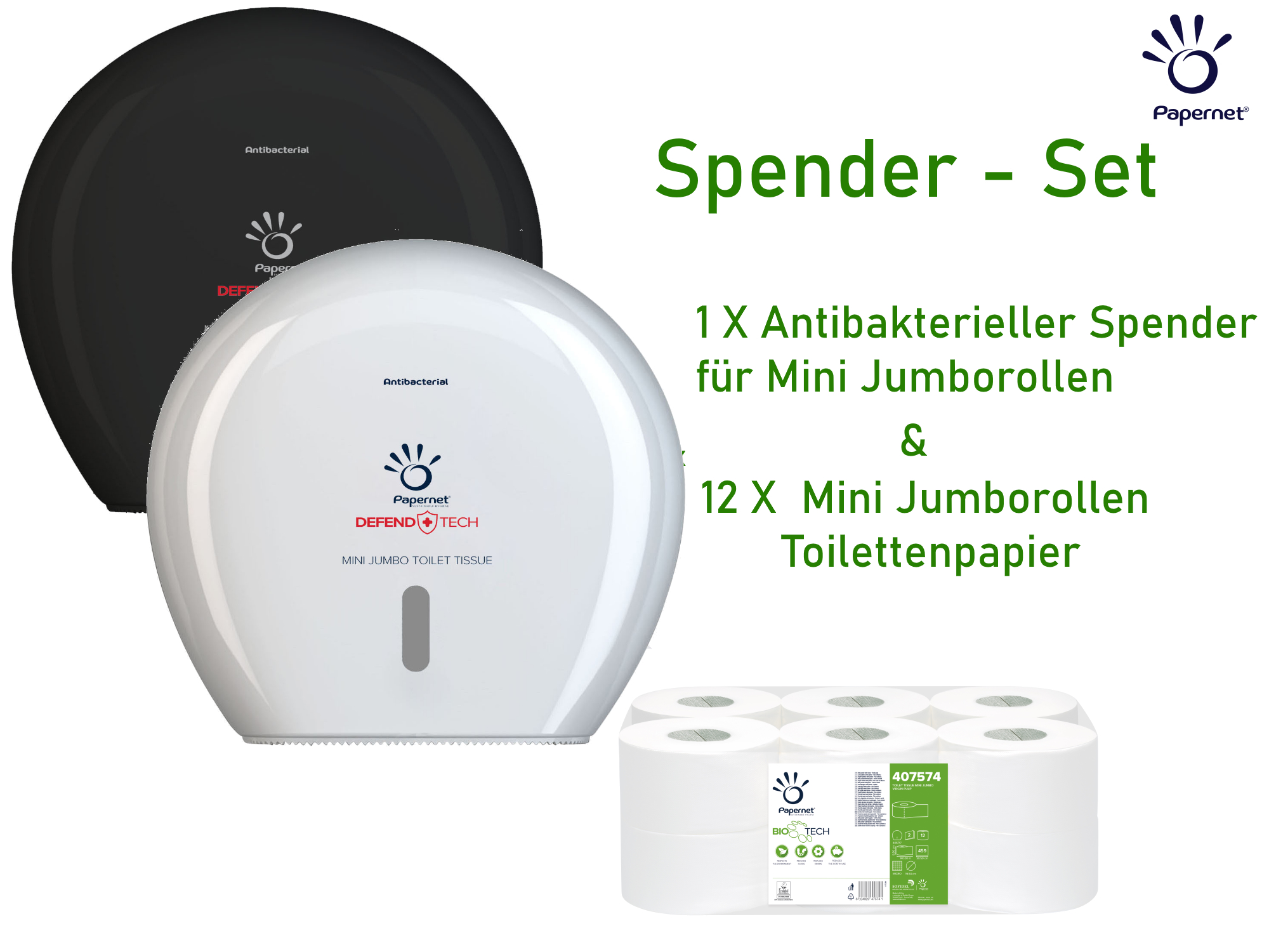 Spender SET: Papernet Toilettenpapierspender für Mini Jumborollen - schwarz & Toilettenpapier