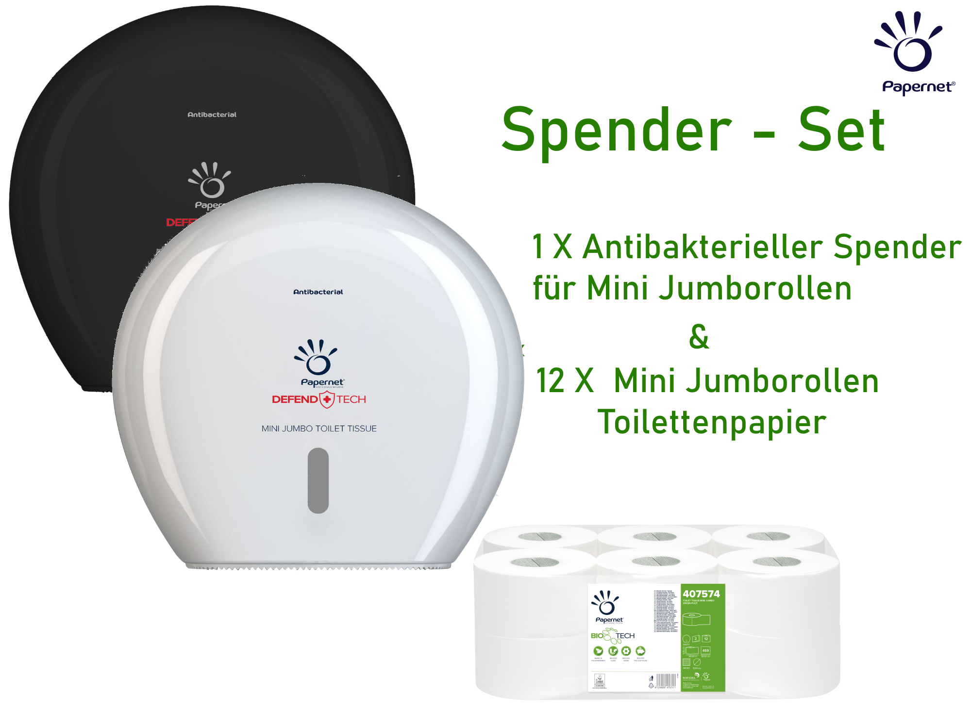 Spender SET: Papernet Toilettenpapierspender für Mini Jumborollen - schwarz & Toilettenpapier Spender SET: Papernet Toilettenpapierspender für Mini Jumborollen - schwarz & Toilettenpapier