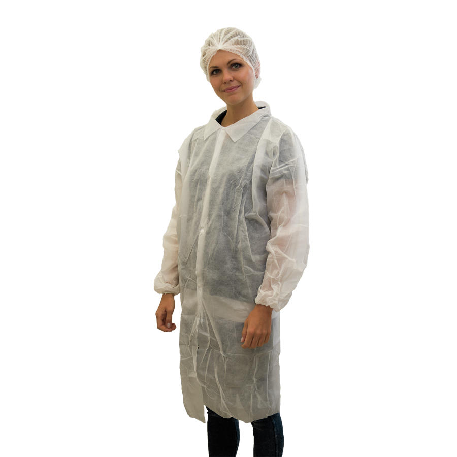 NITRAS PP-Besuchermantel mit Hemdkragen und Klettverschluss. ohne Taschen weiß |1 Karton = 50 Stück (einzeln verpackt) 
