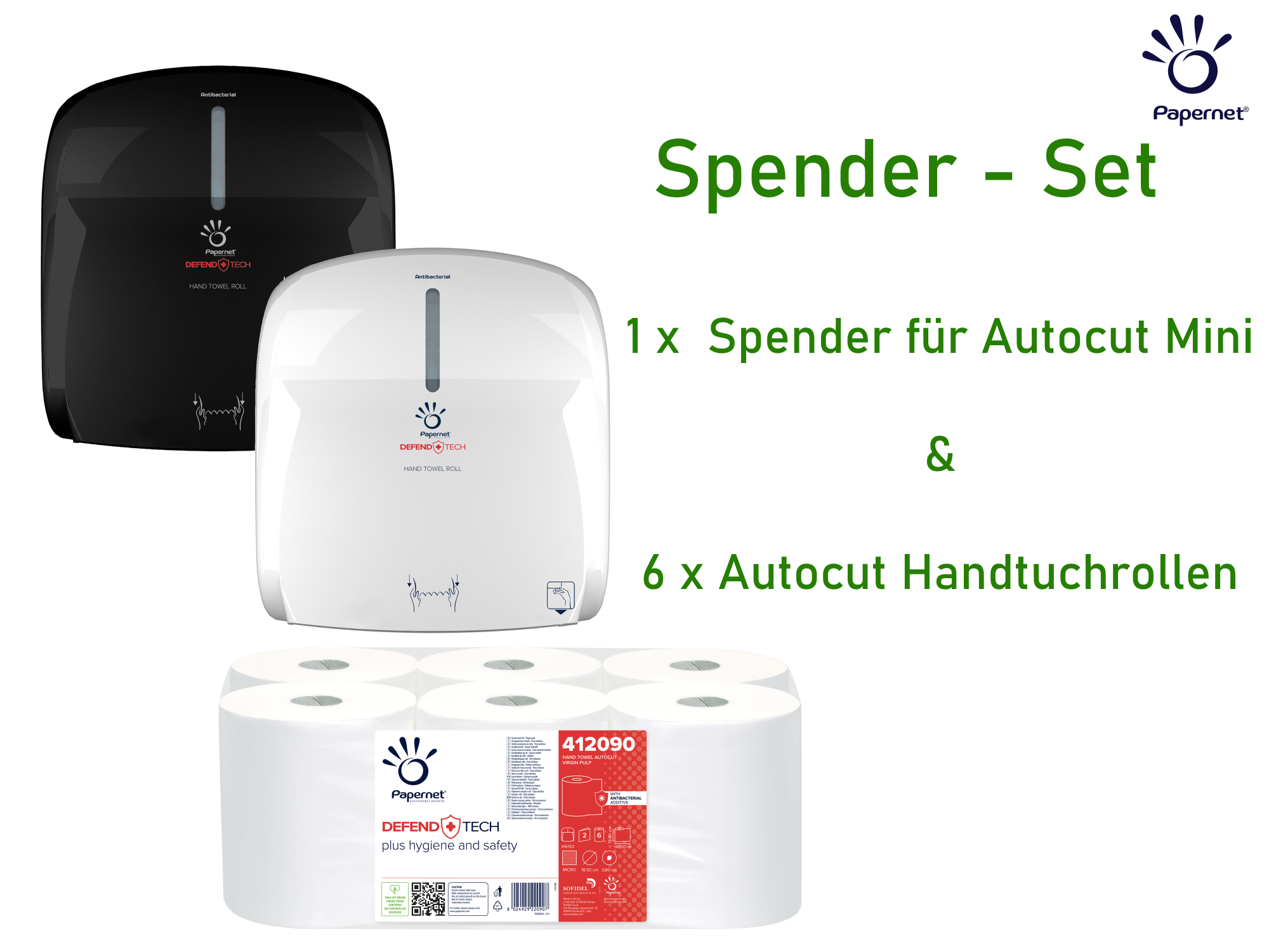 Spender SET: Papernet Handtuchrollen Spender für Autocut Mini in weiß & Handtuchrollenpapier 