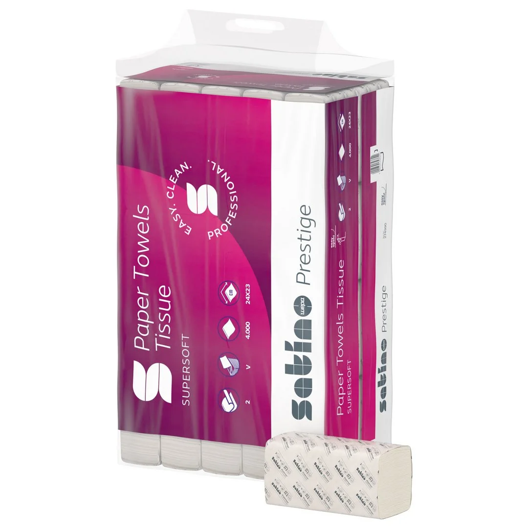 SATINO by Wepa  Prestige Papierhandtücher 2-lagig hochweiß 100% Zellstoff ZZ-Falz 24x23 cm (274990) | Karton = 4.000 Tücher  SATINO by Wepa  Prestige Papierhandtücher 2-lagig hochweiß 100% Zellstoff ZZ-Falz 24x23 cm (274990) | Karton = 4.000 Tücher