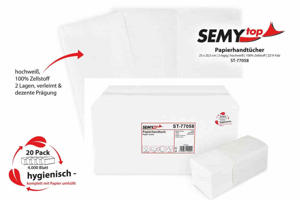 SemyTop Papierhandtuch 2-lagig ZZ/V-Falz, Zellstoff 25x21cm   | Karton = 4.000 