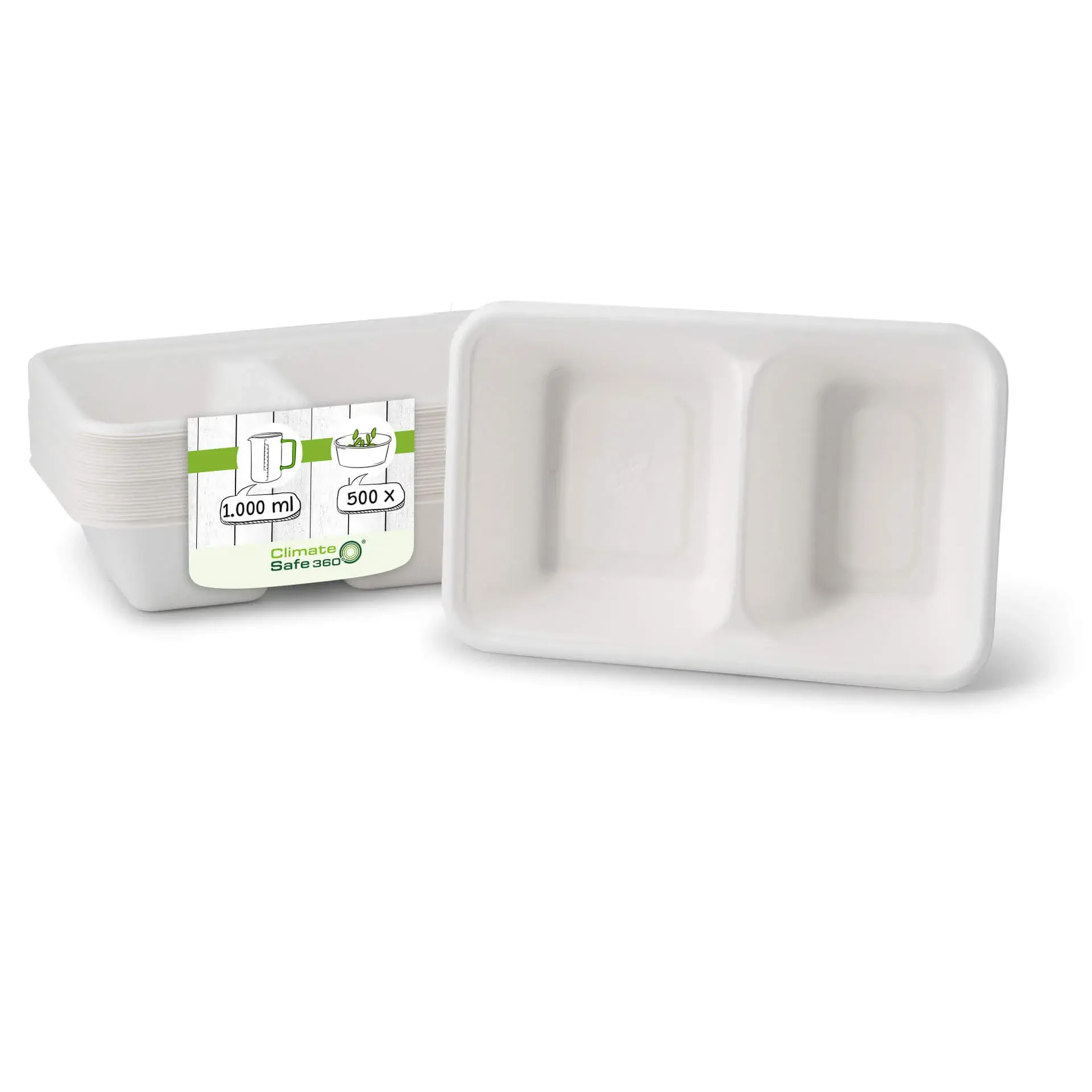 Zuckerrohr-Menü-Schalen 1000 ml, 23 x 14,5 x 5 cm, 2 Kammern, rechteckig  | VE 500 Stück