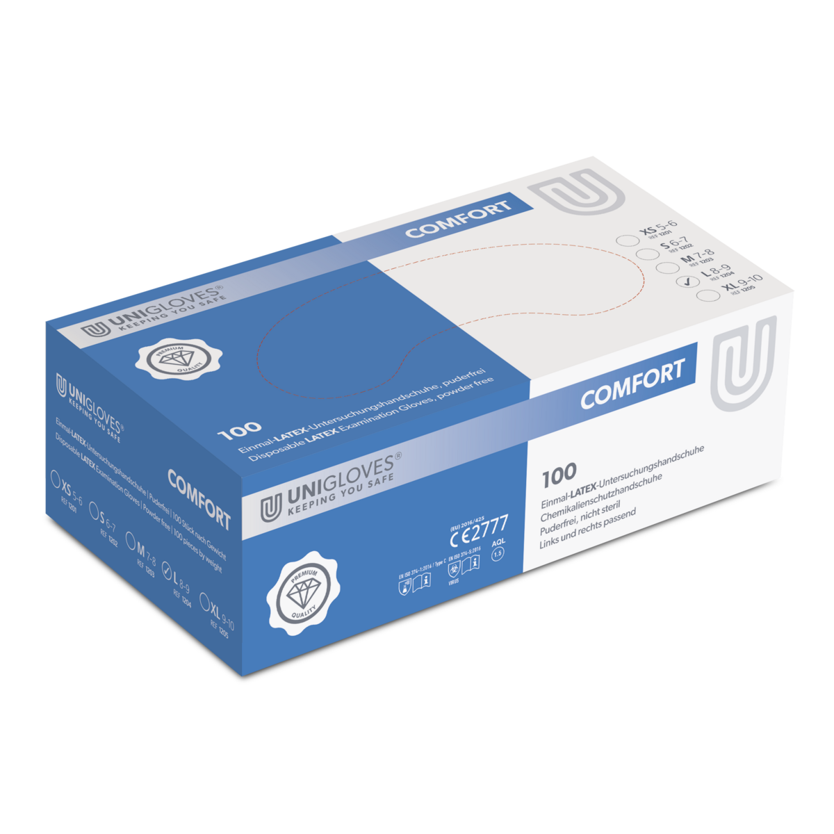 Unigloves COMFORT® aus Latex gefertigter Hygiene- und Schutzhandschuh 	L (8,0-9,0) | VE= 10 x 100 
