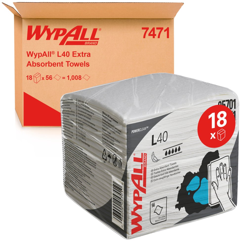 WypAll® L40 Power Clean™ Wischtücher 7471, 1-lagig, viertelgefaltet - weiß | Karton = 18 Pack a 56 Tücher WypAll® L40 Power Clean™ Wischtücher 7471, 1-lagig, viertelgefaltet - weiß | Karton = 18 Pack a 56 Tücher
