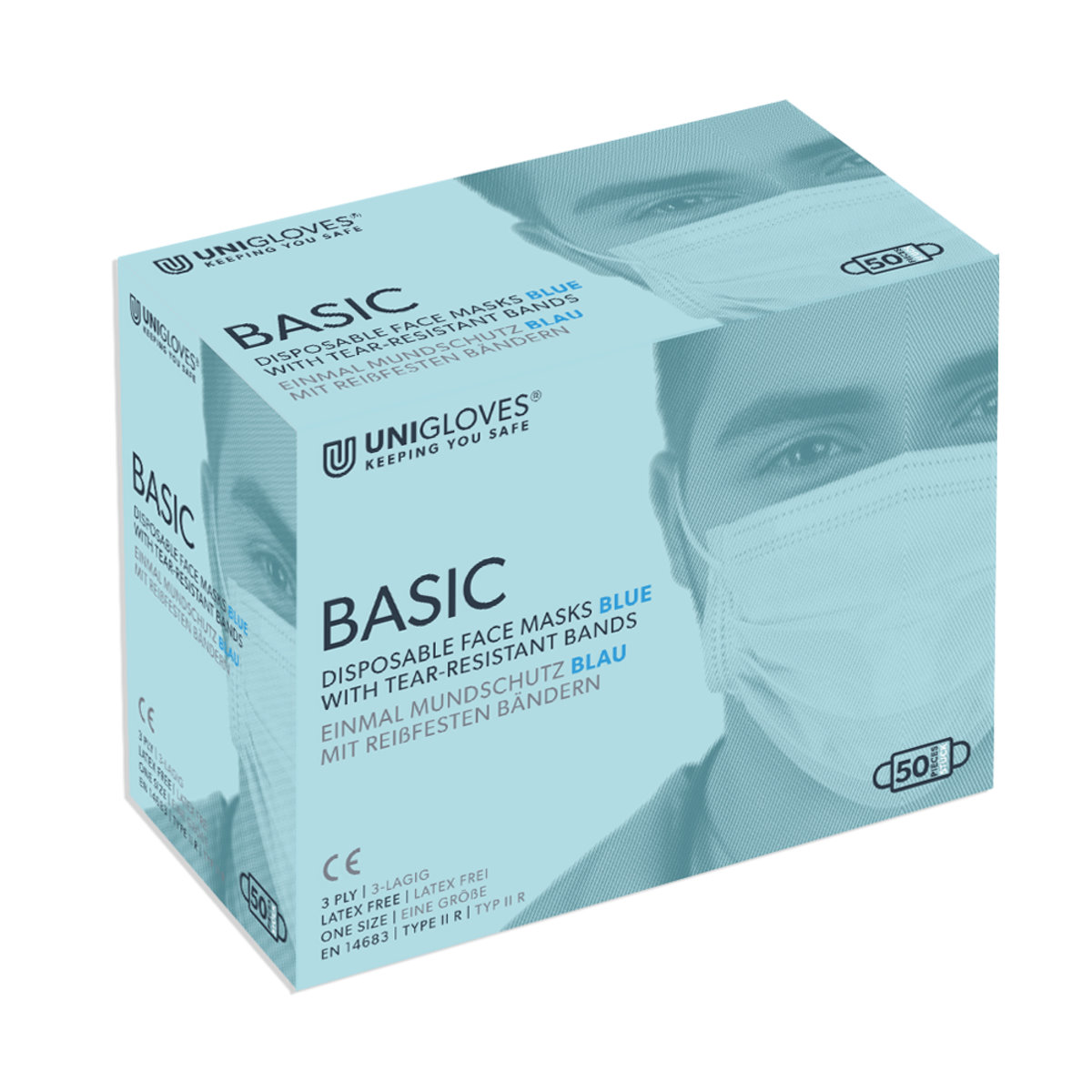 Unigloves Basic Einmal-Mundschutz blue  50 Stück | VE= 10 X 50 Stück 