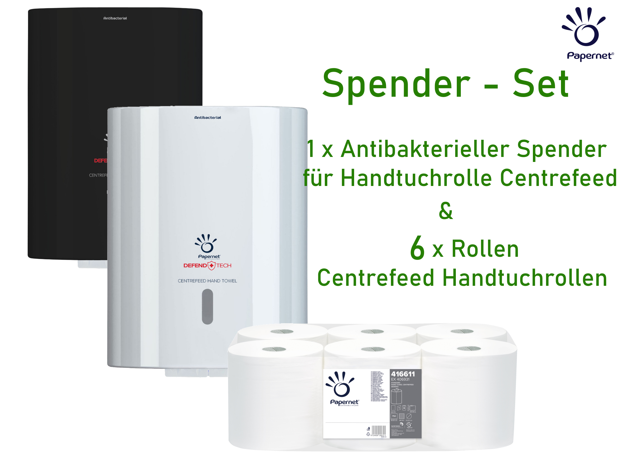 Spender SET: Papernet Spender für Handtuchrolle Centrefeed in schwarz & Handtuchrollenpapier