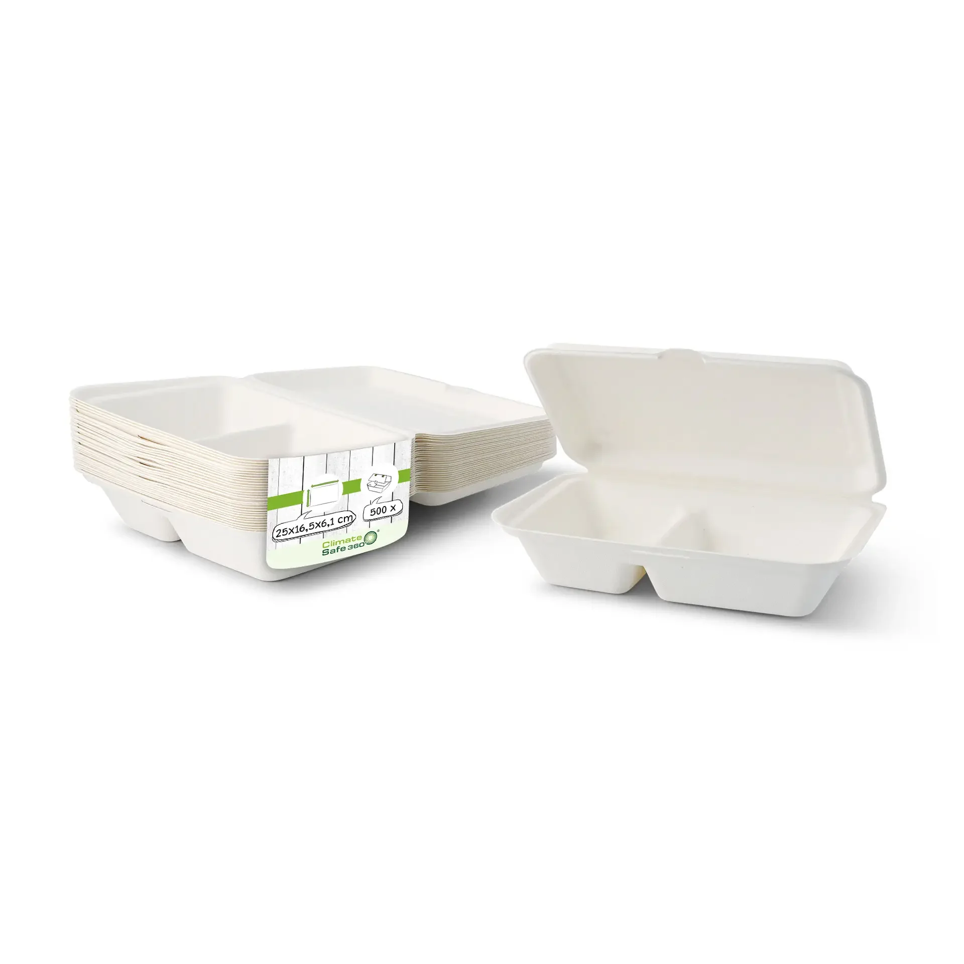 Menüboxen aus Zuckerrohr 25 x 16,5 x 6,1 cm, 2 Kammern, Klappdeckel, rechteckig  | VE 500 Stück